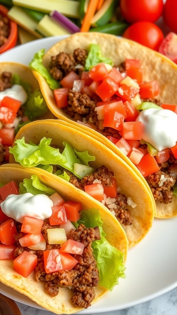 A plate of hamburger tacos filled with beef, lettuce, tomatoes, and cheese, garnished with sour cream and salsa.